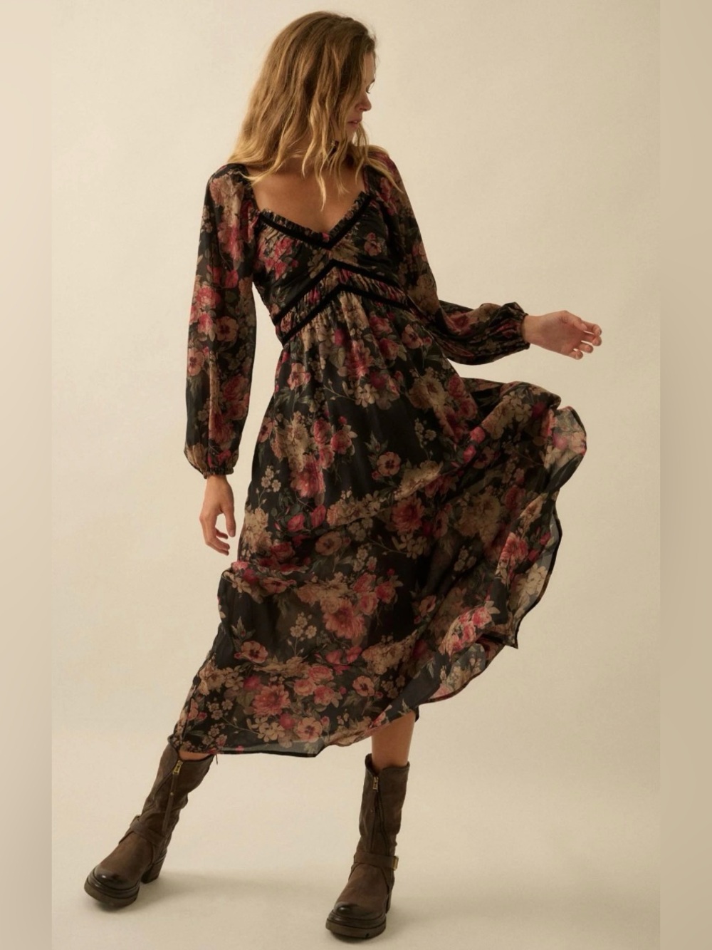 PROMESA Floral Chiffon Velvet-Trim Peasant Maxi Dress